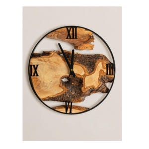 Olive Wood Wall Clock Metal Frame Industrial Timepiece Silent Mechanism