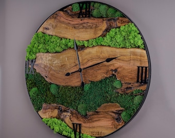 Preserved Moss Wall Clock: Olive Wood & Metal Frame, Unique Home Decor
