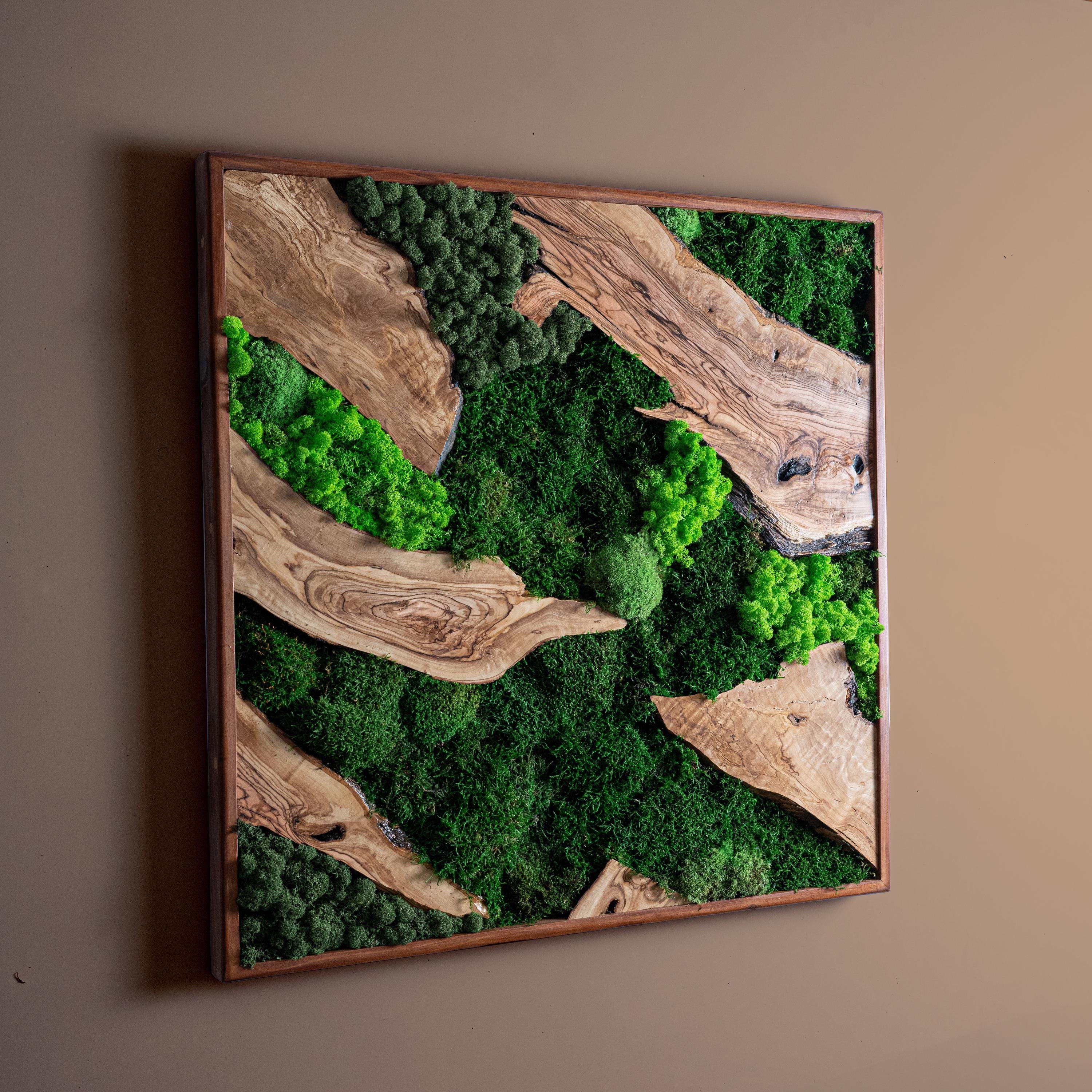 Handmade Preserved Moss & Olive Wood Wall Art: Nature-Inspired Botanical Decor