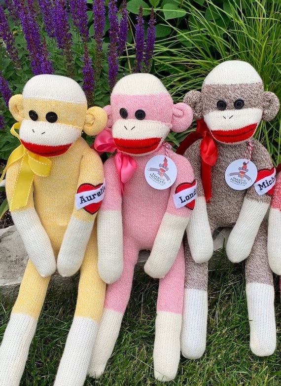 NEW Sock Monkey Stuffed Animal Toy Pink Stripes 11 inch More Colors Available 
