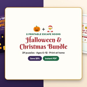 Może przedstawiać: Zestaw do druku escape room na Halloween i Boże Narodzenie zawierający 24 zagadki dla dzieci w wieku 6-12 lat. Pakiet obejmuje dwa dokumenty PDF: Escape the Haunted House oraz Escape Santa's Locked Workshop z tekstem i ikonami.