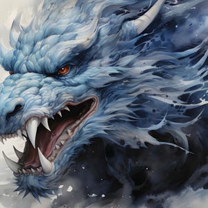 Fierce Azure Dragon – Traditional Watercolor Chinese Mythology Wall Art, Fantasy Digital Print, Dragon Poster, Mythical Beast Decor