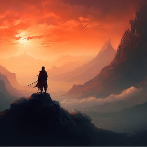 Epic Samurai Fantasy Landscape | Lone Warrior Digital Art Print | Mystical Sunset Scene | Fantasy Wall Art | Digital Download