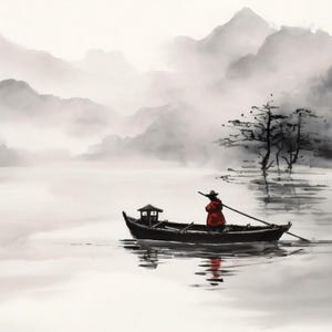 Chinese Ink Wash Painting - Misty Mountain Lake with a Red-Clad Fisherman, Zen Landscape Wall Art, Minimalist Asian Decor
