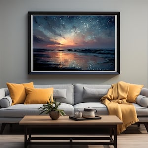 Sternenhimmel Sonnenuntergang - Verträumter nächtlicher Himmel druckbare Kunst | Himmlische Strandlandschaft für Wohnkultur und achtsame Räume