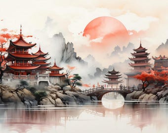 Traditioneel Chinees inktschilderij - rustig rood pagodelandschap met reflecties, digitale muurkunst, Aziatisch zendecor, feng shui-kunst