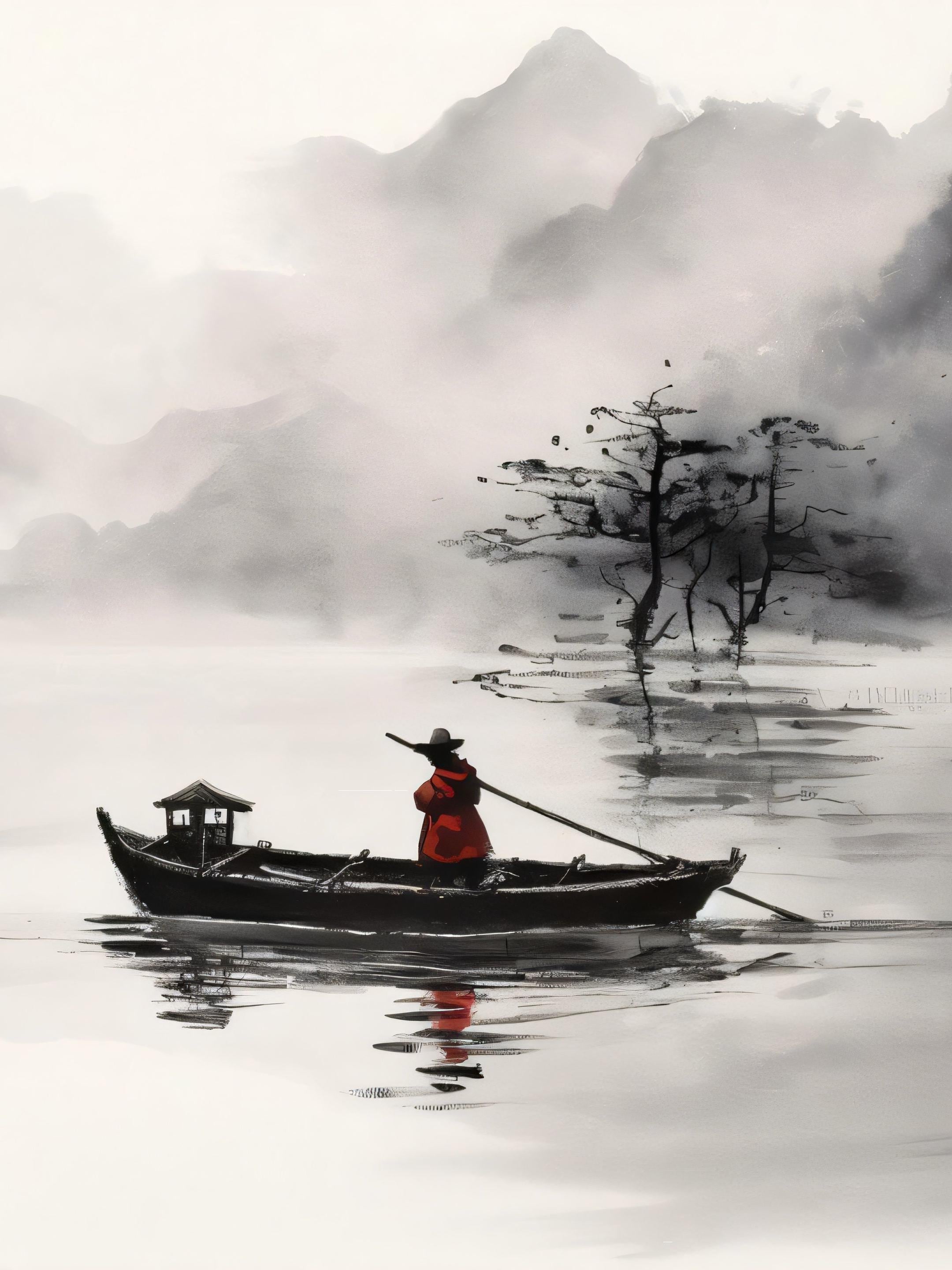 水墨画‐川漁師図 水墨画 山水風景 漁師 桜の木 水墨画アーカイブ】桜と川