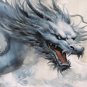 Azure Dragon Watercolor Art Print – Mystical Chinese Dragon Wall Decor, Oriental Fantasy Painting, Digital Download