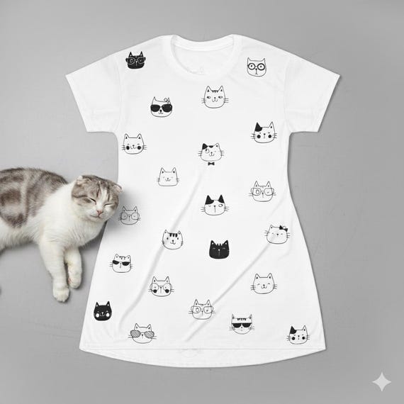 Cat Lover T-Shirt Dress, Minimal Cat Graphic Dress, Gift for Cat Moms