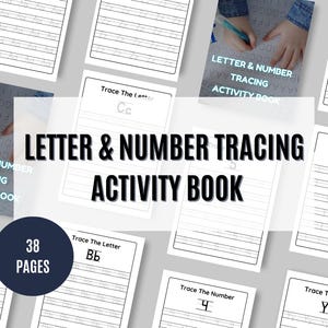 Livro de atividades para crianças, rastreamento de letras e números, páginas para colorir, livro de exercícios educacionais, atividade para educação domiciliar, presente de aprendizagem