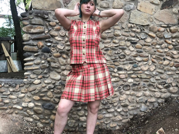 70’s Skirt Suit - Pink Plaid - Pink