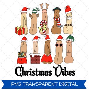 May include: A digital illustration featuring whimsical Christmas-themed characters. Each character is depicted with festive hats, accessories, and holiday elements. The phrase "Christmas Vibes" is displayed in a decorative font, with "PNG TRANSPARENT DIGITAL" below.