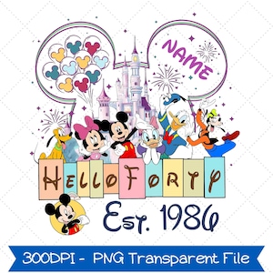 Aangepaste Disneyland 40e verjaardag meisje Mickey en vrienden png, Hello Fourty Est 1986 verjaardagscadeau, Mickey Ears Disney kasteel verjaardagsjongen png