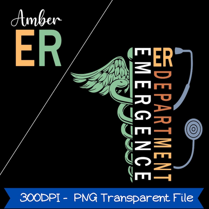 Pode incluir: Design gr&aacute;fico preto com o texto "Amber ER" em laranja e verde, um s&iacute;mbolo de caduceu e as palavras "Emergency Department". Um estetosc&oacute;pio tamb&eacute;m est&aacute; inclu&iacute;do. A parte inferior da imagem diz "300DPI - PNG Transparent File."