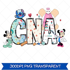 Puede incluir: Un gráfico colorido con las letras "CNA" con patrones médicos y personajes de dibujos animados. Mickey Mouse, Minnie Mouse, Stitch y Baymax están incorporados en el diseño, junto con suministros médicos y un corazón.