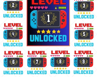 Pacchetto PNG di compleanno per giocatori personalizzati, livello sbloccato (download digitale)