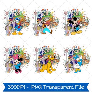 May include: A collection of six colorful Disney-themed designs featuring various characters like Donald Duck, Goofy, Mickey Mouse, Minnie Mouse, Pluto, and Daisy Duck. Each design includes the word "Epcot" with a floral and architectural background. The bottom banner reads "300DPI - PNG Transparent File."