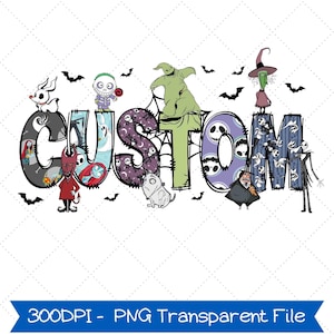Pode incluir: Um design gráfico colorido com a palavra "CUSTOM" e personagens de O Estranho Mundo de Jack. As letras são decoradas com imagens de Jack Skellington, Sally e outros personagens. Morcegos estão espalhados ao redor da palavra.