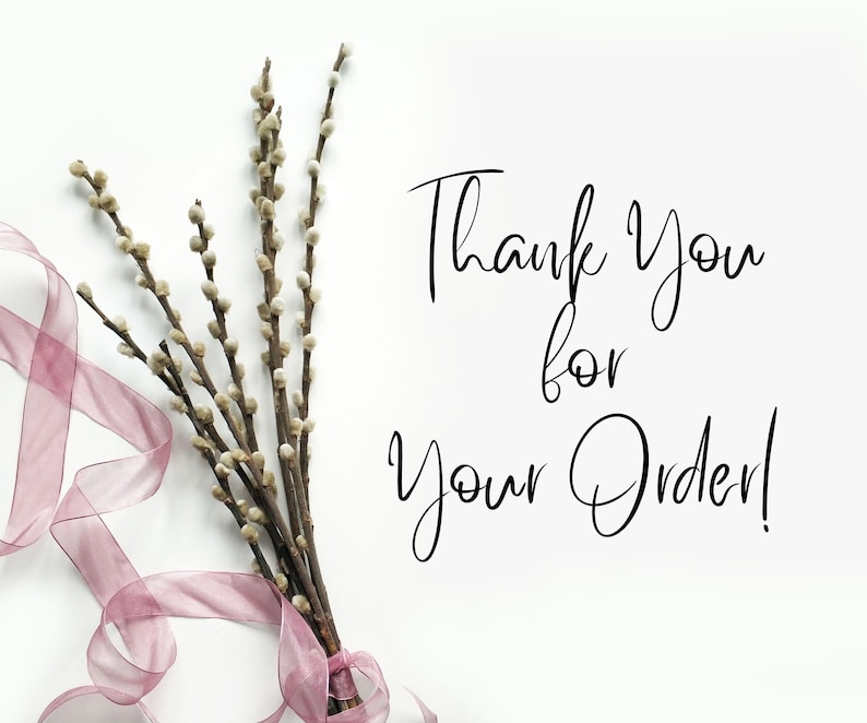 Puede incluir: Fondo blanco con un ramo de ramas de sauce gatillo atadas con una cinta transparente de color rosa empolvado. El texto "Thank You for Your Order!" est&aacute; escrito en una elegante escritura negra.