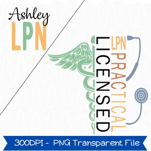 K&ouml;nnte beinhalten: Digitales Design mit dem Namen "Ashley" &uuml;ber "LPN" in Orange und Gr&uuml;n. Ein gr&uuml;nes Hermesstab-Symbol und die Worte "LICENSED PRACTICAL LPN" werden vertikal angezeigt. Eine Stethoskop-Grafik ist ebenfalls enthalten.