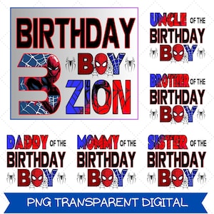 May include: Digital design featuring Spider-Man-themed birthday graphics. The design includes the words "BIRTHDAY BOY ZION" with a Spider-Man graphic. Additional text includes "UNCLE OF THE BIRTHDAY BOY," "BROTHER OF THE BIRTHDAY BOY," "DADDY OF THE BIRTHDAY BOY," "MOMMY OF THE BIRTHDAY BOY," and "SISTER OF THE BIRTHDAY BOY."