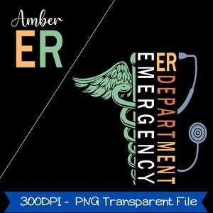Pode incluir: Design gr&aacute;fico preto com as palavras "Amber ER" em laranja e verde, um s&iacute;mbolo de caduceu e o texto "Emergency Department" com um estetosc&oacute;pio. A imagem tamb&eacute;m inclui o texto "300DPI - PNG Transparent File".