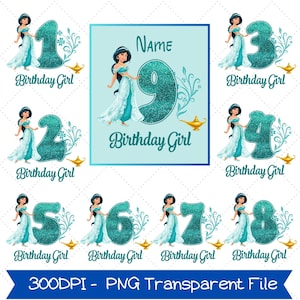 May include: Digital designs featuring a cartoon princess, numbers 1-9, and the text "Birthday Girl." Each design includes a teal number, a princess illustration, and a golden lamp. The designs are on a light blue background.