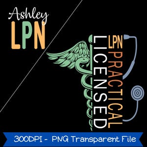 K&ouml;nnte beinhalten: Schwarze Grafik mit dem Text "Ashley LPN" in Wei&szlig; und Orange sowie einem gr&uuml;nen Hermesstab-Symbol. Die W&ouml;rter "Licensed Practical" sind vertikal gestapelt. Eine Stethoskop-Grafik ist ebenfalls enthalten.