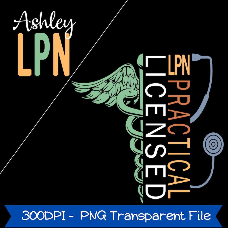 K&ouml;nnte beinhalten: Schwarze Grafik mit dem Text "Ashley LPN" in Wei&szlig; und Orange sowie einem gr&uuml;nen Hermesstab-Symbol. Die W&ouml;rter "Licensed Practical" sind vertikal gestapelt. Eine Stethoskop-Grafik ist ebenfalls enthalten.