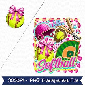 Pode incluir: Gráfico com tema de softball com uma bola de softball amarela neon adornada com um laço rosa. O design inclui um capacete com estampa de leopardo rosa, uma luva, bastões e um campo de softball. A palavra "Softball" é escrita em uma fonte vibrante.