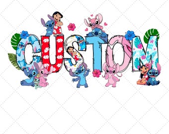 Nombre personalizado Stitch y ángel (Png), Nombre de familia para niños (Png), Lilo y Stitch (Niña y niño) personalizado (Png), Cumpleaños de Disneyland (Png) Familia a juego