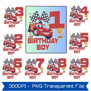 May include: A collection of birthday-themed graphics featuring the animated character Lightning McQueen from the Cars movie. Each design includes a number from 1 to 9, a trophy, checkered flags, and the text "BIRTHDAY BOY". The graphics are in red, white, and gold.