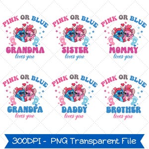 Puede incluir: Un dise&ntilde;o digital con los personajes Stitch y Angel, las palabras "PINK OR BLUE" y t&iacute;tulos familiares como "Abuela", "Hermana" y "Mam&aacute;". El dise&ntilde;o incluye corazones, huellas y la frase "loves you".