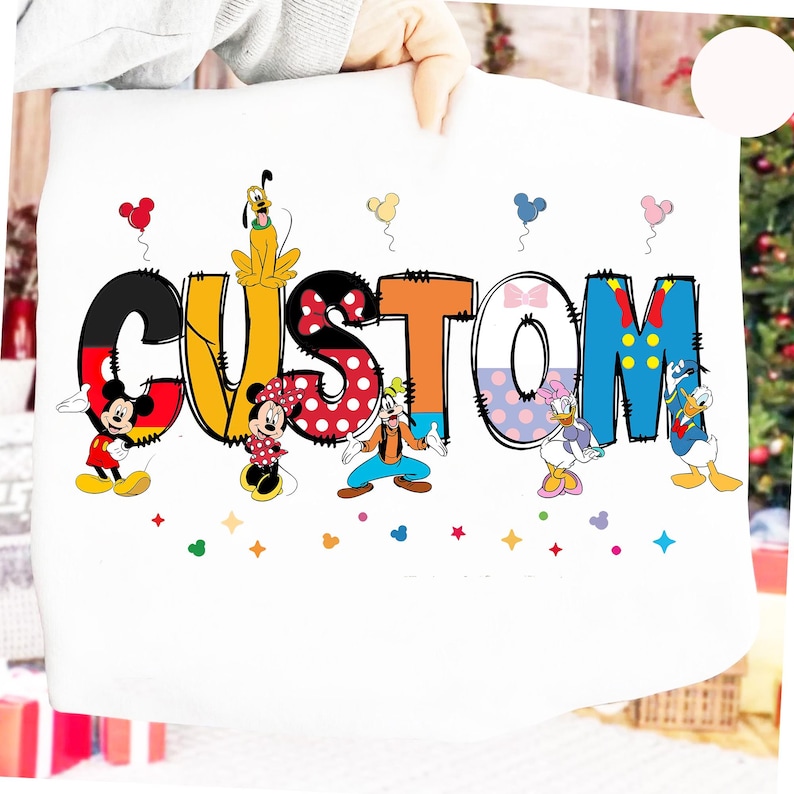May include: White fabric featuring the word "CUSTOM" in colorful letters, each decorated with a different Disney character. Mickey Mouse, Minnie Mouse, Pluto, Goofy, Daisy Duck, and Donald Duck are also featured.