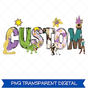 May include: A colorful digital graphic with the word "CUSTOM" in large, stylized letters. The letters are decorated with images of characters and elements from a fairy tale, including a princess, a chameleon, and a castle.
