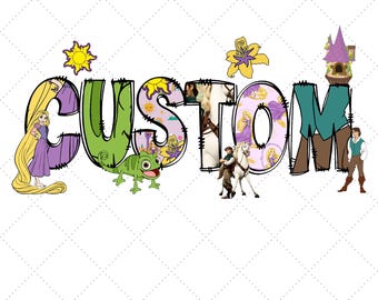 May include: A colorful digital graphic with the word "CUSTOM" in large, stylized letters. The letters are decorated with images of characters and elements from a fairy tale, including a princess, a chameleon, and a castle.