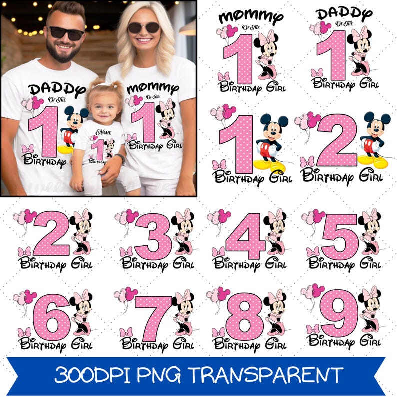 May include: White t-shirts with pink graphics for a birthday celebration. The shirts feature the numbers 1 through 9, Minnie Mouse, and the text "Birthday Girl". The image also shows a family wearing matching shirts.