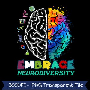 Peut inclure: Graphique noir avec un cerveau divisé en deux moitiés. Une moitié est blanche, l'autre est colorée. Le texte "EMBRACE NEURODIVERSITY" est en dessous de l'image du cerveau. Des icônes scientifiques entourent le cerveau.