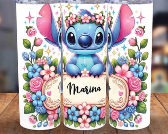 Personalisierte Stich Blumen Aquarell Becher, 20 Unzen Skinny Sublimation Design (Digital PNG)
