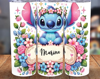 Personalized Magic Stitch Floral Watercolor 20oz Skinny Tumbler, Lilo Stitch Floral Tumbler Wrap, Sublimation Design Stitch Png Digital File