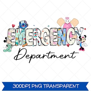 Puede incluir: Un diseño digital con las palabras "Emergency Department" en una fuente caprichosa, decorado con iconos médicos y personajes de dibujos animados como Mickey Mouse, Stitch, Baymax y Minnie Mouse. Una pancarta azul en la parte inferior dice "300DPI PNG TRANSPARENT".