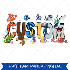 Op de afbeelding: Een kleurrijke digitale afbeelding met het woord "CUSTOM" in een speels lettertype, omringd door cartoon zeedieren. De afbeelding bevat vissen, een schildpad en een octopus, met de tekst "PNG TRANSPARENT DIGITAL" onderaan.