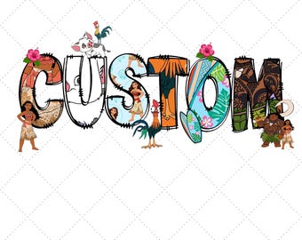 May include: A colorful digital graphic of the word "CUSTOM" with a tropical theme. Each letter is filled with patterns and characters from a popular animated movie. The image includes the text "PNG TRANSPARENT DIGITAL" in a blue banner.