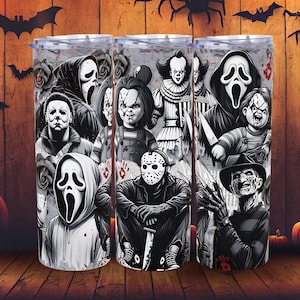Horror Movie Characters 20oz Skinny Tumbler Wrap, Killer Friend Halloween Tumbler, Scary Movie Png, Scary Horror Tumbler, Horror Scary Png