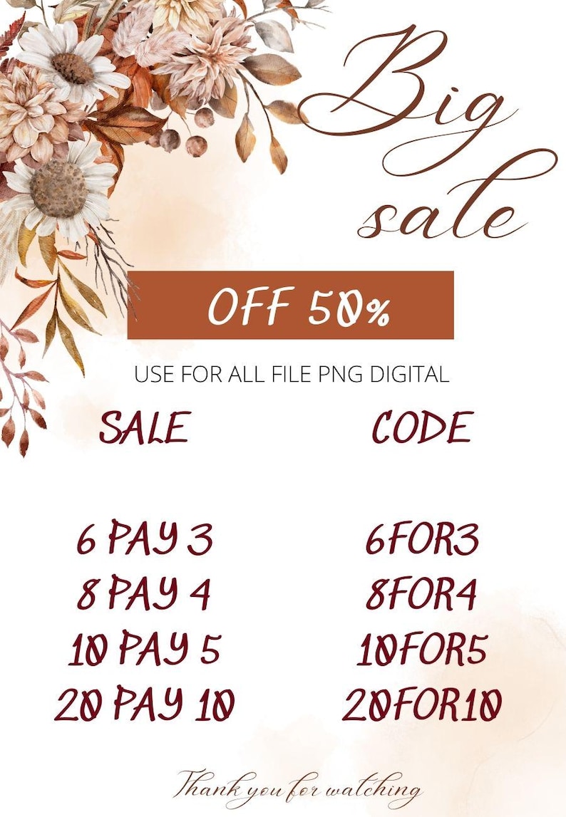 Puede incluir: Gr&aacute;fico de arte digital con un arreglo floral y las palabras "Big Sale". El texto "OFF 50%" se muestra en un rect&aacute;ngulo marr&oacute;n, con detalles de la venta debajo. Se incluye el texto "Gracias por mirar".