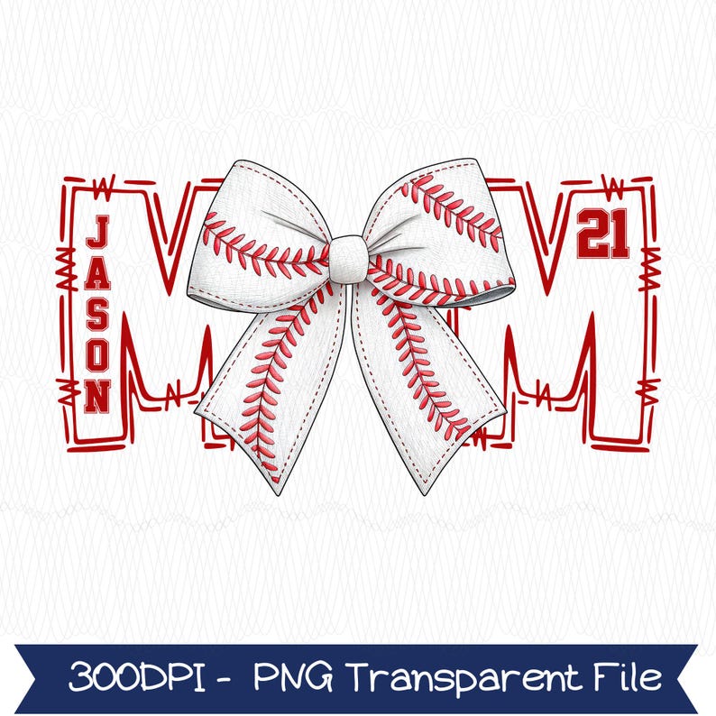 Puede incluir: Un lazo blanco con tem&aacute;tica de b&eacute;isbol con costuras rojas y un nudo central. La palabra "MOM" se muestra en rojo, con "JASON" y "21" a cada lado. El dise&ntilde;o est&aacute; sobre un fondo blanco.