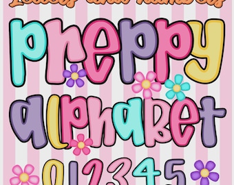 Preppy Floral Letters and Numbers, Colorful Font PNG (Digital Download)