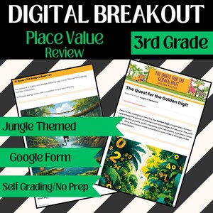 Könnte beinhalten: Ein digitales Breakout-Spiel für Schüler der 3. Klasse. Das Google Formular im Dschungel-Thema wiederholt Stellenwertkonzepte. Das Spiel beinhaltet Funktionen zur Selbstbewertung. Der Titel lautet "Digital Breakout: Place Value Review".