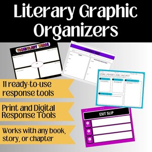 Organizadores gráficos literarios / 11 herramientas ELA digitales e impresas sin preparación / Úselas con cualquier novela, pasaje o capítulo / Versiones en blanco y negro y color