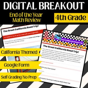 Può includere: Risorsa educativa digitale "Digital Breakout" per la revisione di matematica di 4a elementare. Il tema è "The Great California Road Trip!" con Google Form e autovalutazione. Include testo e grafica.